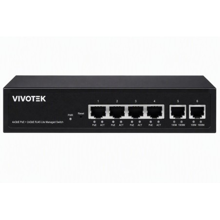 Vivotek AW-GEL-065A-060 Lite Switch, 4× GE PoE + 2× GE, 802.3af/at, PoE 60W, VLAN, dosah 250 m, managed