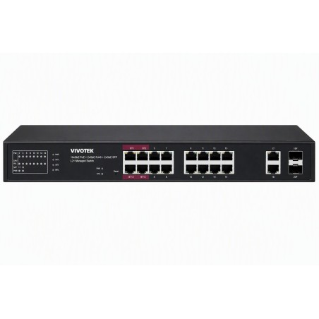 Vivotek AW-GEL-205A-260 Lite Switch, 16× GE PoE + 2× GE + 2× SFP, af/at/bt, PoE 260W, dosah 250 m, managed
