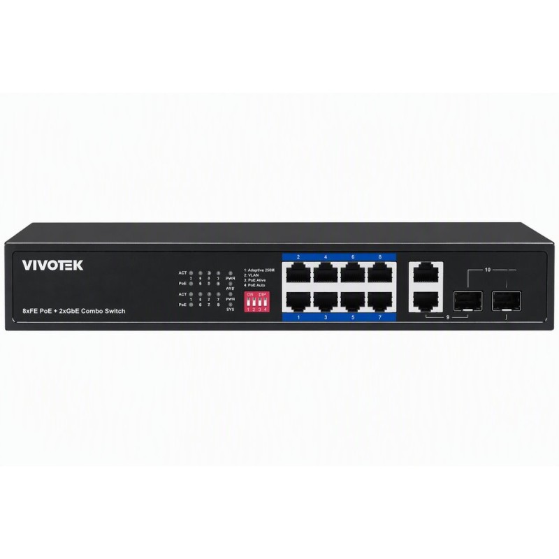 Vivotek AW-FGT-100P-110 Switch, 8× FE PoE + 2× GE Combo, 802.3af/at, PoE 110W, dosah až 250 m, nemanagovaný