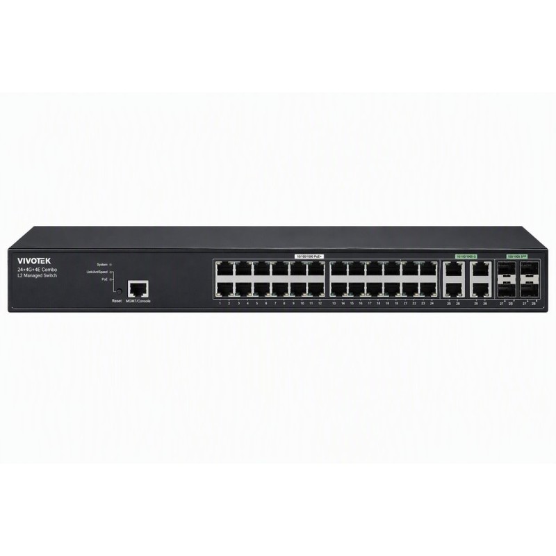 Vivotek AW-GEV-288A-370 Switch, 24× GE PoE + 4× GE/SFP Combo, 802.3af/at, PoE 370W, managed