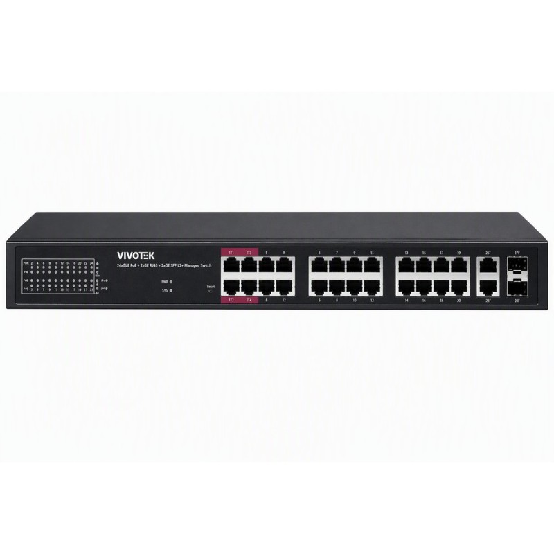 Vivotek AW-GEL-285A-380 Lite Switch, 24× GE PoE + 2× GE + 2× SFP, af/at/bt, PoE 380W, dosah 250 m, managed