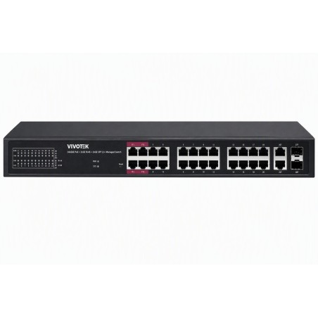 Vivotek AW-GEL-285A-380 Lite Switch, 24× GE PoE + 2× GE + 2× SFP, af/at/bt, PoE 380W, dosah 250 m, managed