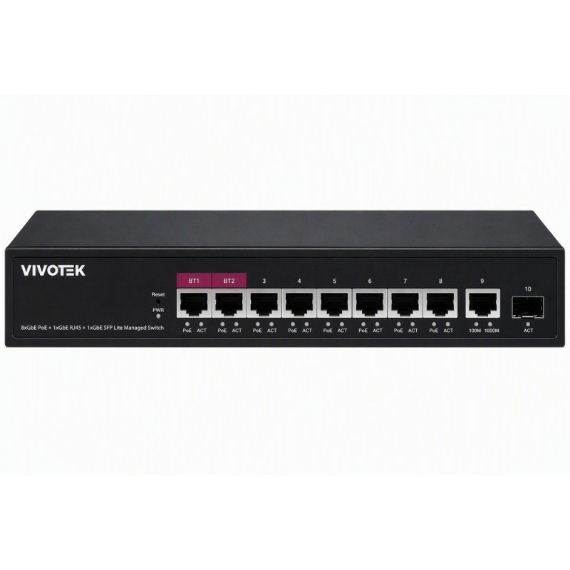 Vivotek AW-GEL-105A-110 Lite Switch, 8× GE PoE + GE + SFP, af/at/bt, PoE 110W, VLAN, dosah 250 m, managed