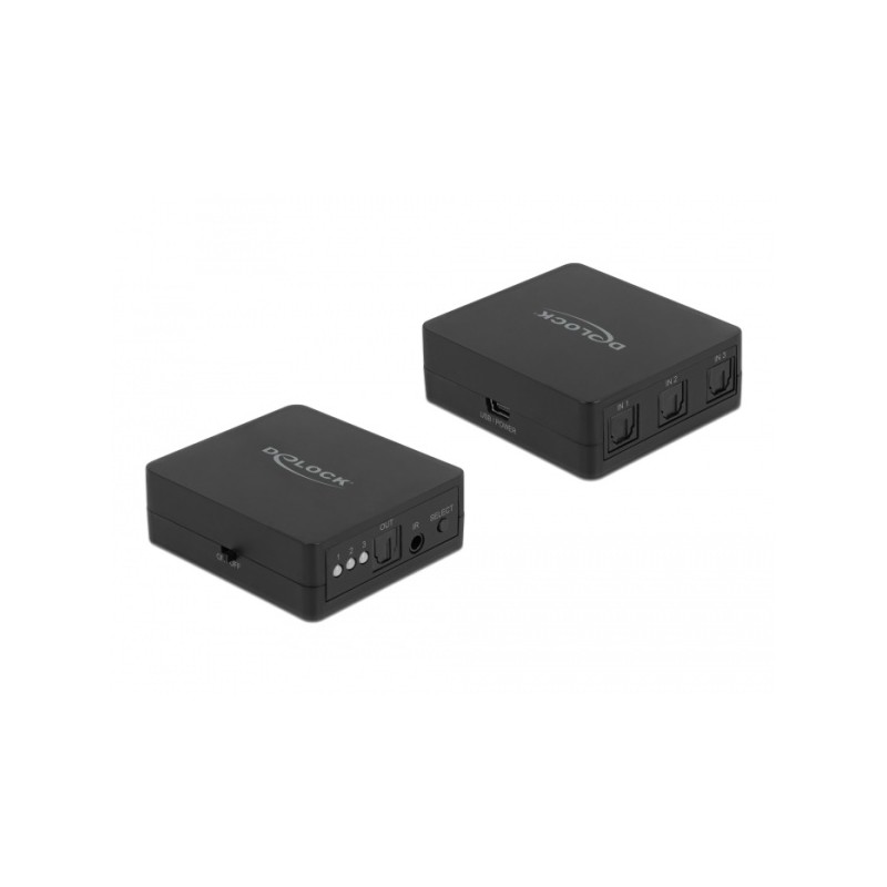 Delock Přepínač S/PDIF TOSLINK 3 v 1 výstup s infračerveným dálkovým ovládáním a napájený přes USB