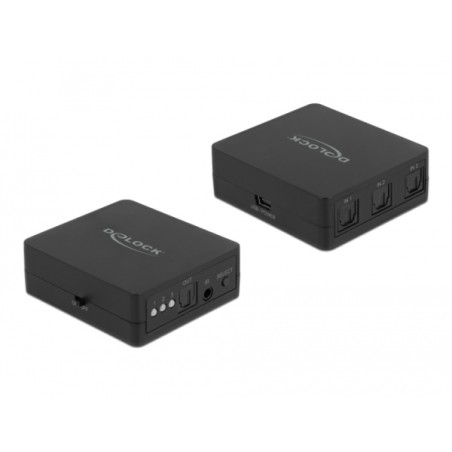 Delock Přepínač S/PDIF TOSLINK 3 v 1 výstup s infračerveným dálkovým ovládáním a napájený přes USB