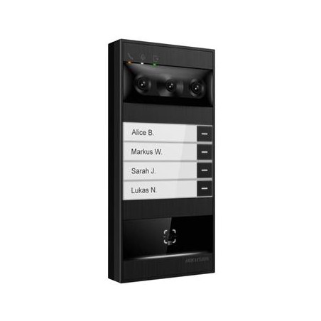 Hikvision IP dveřní interkom 4-tlač., 3× kamera 180° (4+2+2MPx), rozpoznání obličeje, čtečka karet, QR kód, W