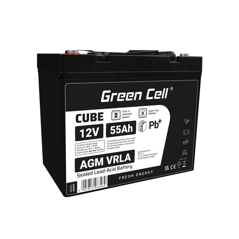 Green Cell CUBE AGM IP54 12V 55Ah VRLA baterie Gel deep cycle skůtr sekačka loď barge sekačka traktor fishing loď
