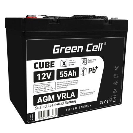Green Cell CUBE AGM IP54 12V 55Ah VRLA baterie Gel deep cycle skůtr sekačka loď barge sekačka traktor fishing loď