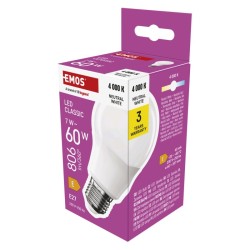 LED žárovka EMOS Lighting E27, 220-240V, 7W, 806lm, 4000k, neutrální bílá, 30000h, Classic A60 60x102mm