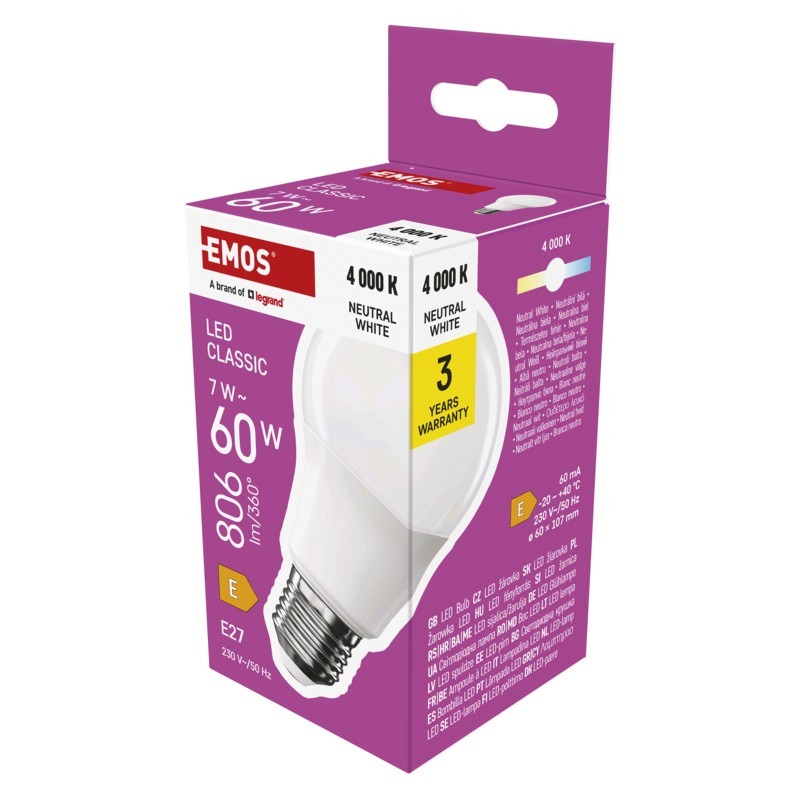 LED žárovka EMOS Lighting E27, 220-240V, 7W, 806lm, 4000k, neutrální bílá, 30000h, Classic A60 60x102mm