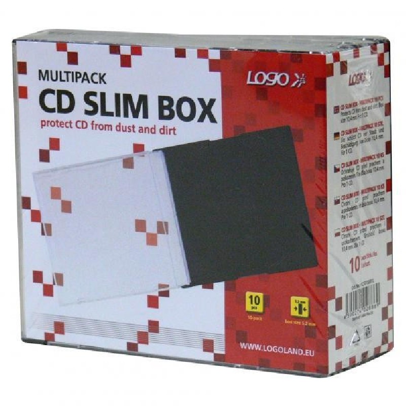 Box na 1 ks CD, průhledný, černý tray, tenký, Logo, 5,2mm, 10-pack, DOPRODEJ