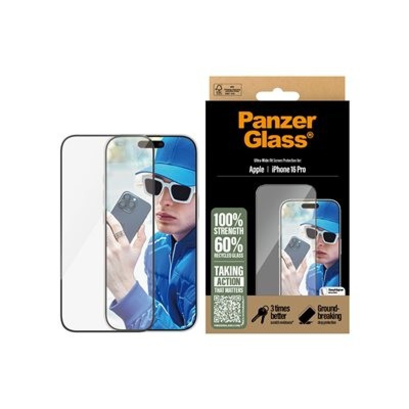 PanzerGlass - Ochrana obrazovky pro mobilní telefon - ultra široký tvar - sklo - barva rámu černá - pro Apple iPhone 16 Pro