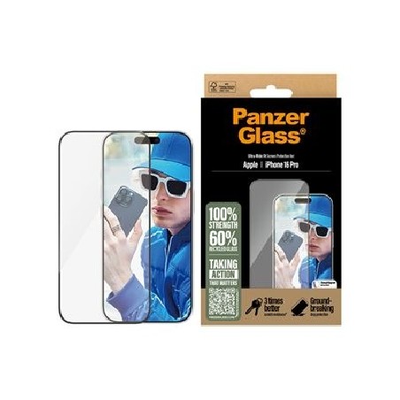 PanzerGlass - Ochrana obrazovky pro mobilní telefon - ultra široký tvar - sklo - barva rámu černá - pro Apple iPhone 16 Pro