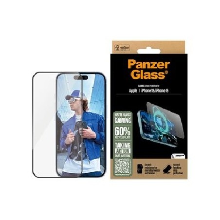 PanzerGlass Gaming - Ochrana obrazovky pro mobilní telefon - ultra široký tvar - sklo - barva rámu černá - pro Apple iPhone 15