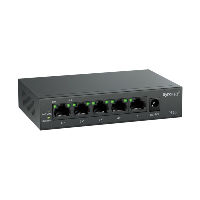 Synology PS500 switch - 5x 1Gb RJ-45 port, 4x PoE+ port, power budget 60W, bez ventilátoru