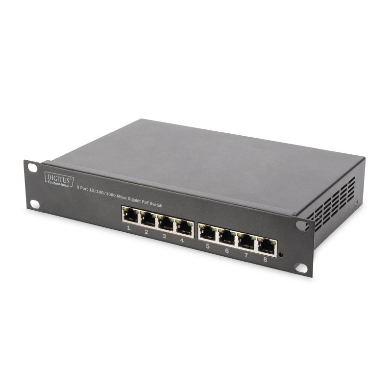 DIGITUS Gigabitový Ethernet PoE přepínač, 8-Port PoE+, 10", PoE budget až 80 W