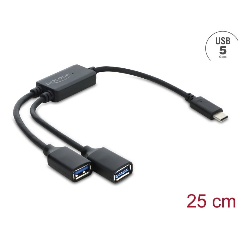 Delock Dvouportový kabelový rozbočovač USB 5 Gbps Typ-A s konektorem USB Type-C™, 25 cm