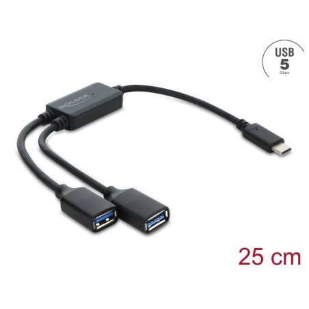 Delock Dvouportový kabelový rozbočovač USB 5 Gbps Typ-A s konektorem USB Type-C™, 25 cm