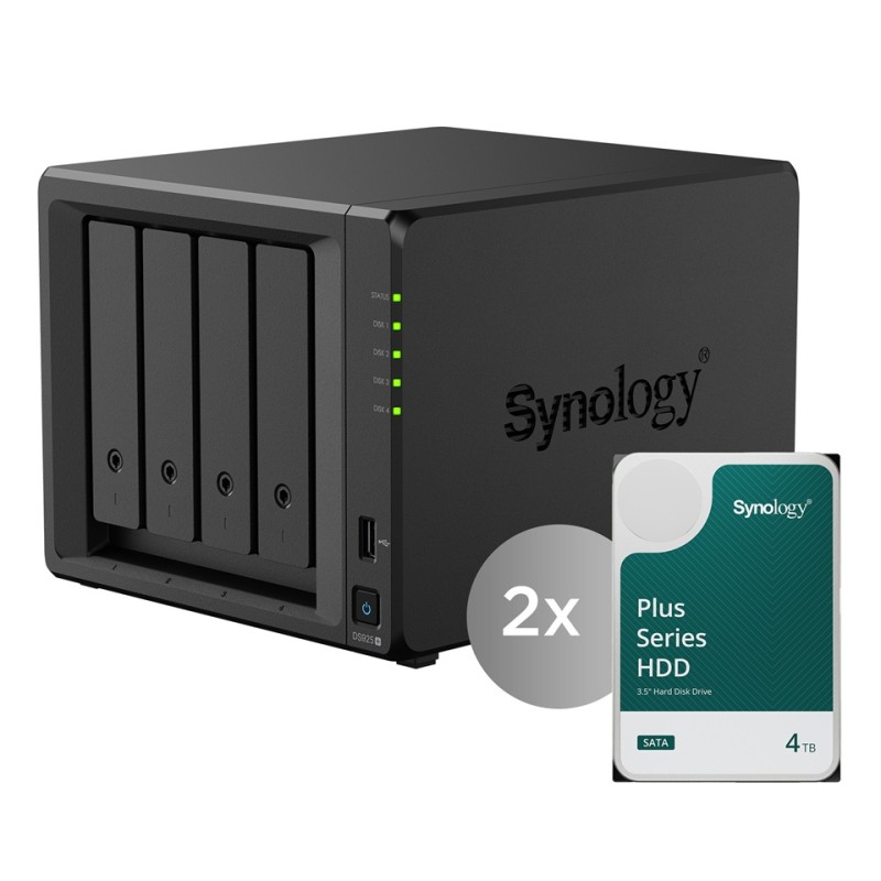 Synology DiskStation DS925neo+, 4-bay NAS, včetně 2ks HDD 4TB (HAT33xx-4T), CPU V1500B, RAM 4GB non ECC, LAN 2x 2.5Gb