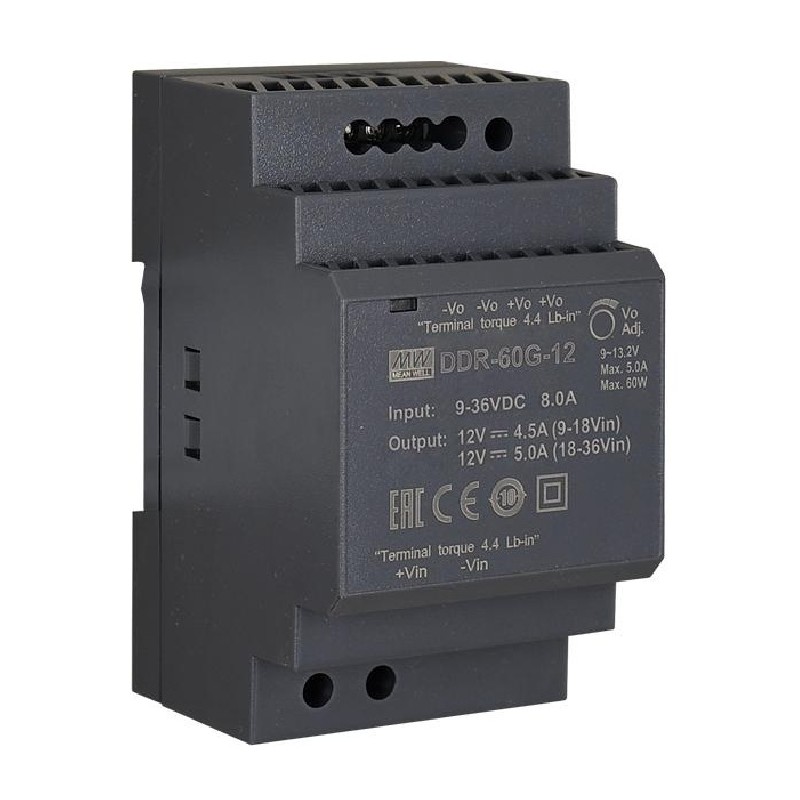 MEANWELL - DDR-60G-12 - Průmyslový měnič napětí z 9-36V na 12V 60W na DIN