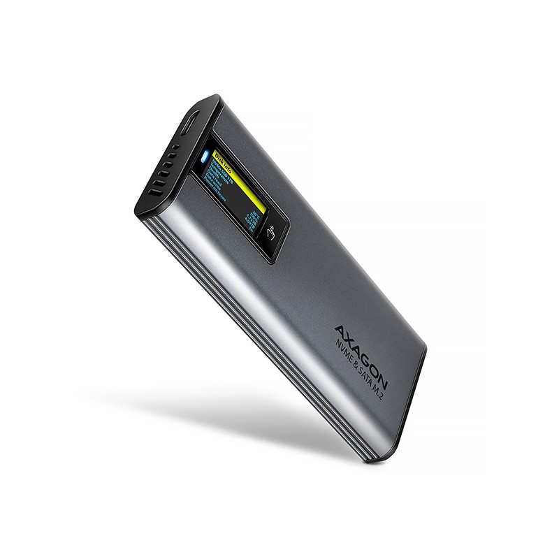 AXAGON EEM2-SD2 USB-C 10Gbps - M.2 NVMe & SATA SSD kovový DISPLAY box, bezšroubkový