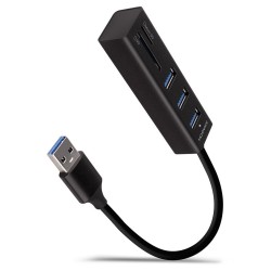AXAGON HMA-CR3A, USB 3.2 Gen 1 hub, porty 3x USB-A + čtečka karet SD/microSD, kovový, kabel USB-A 20cm