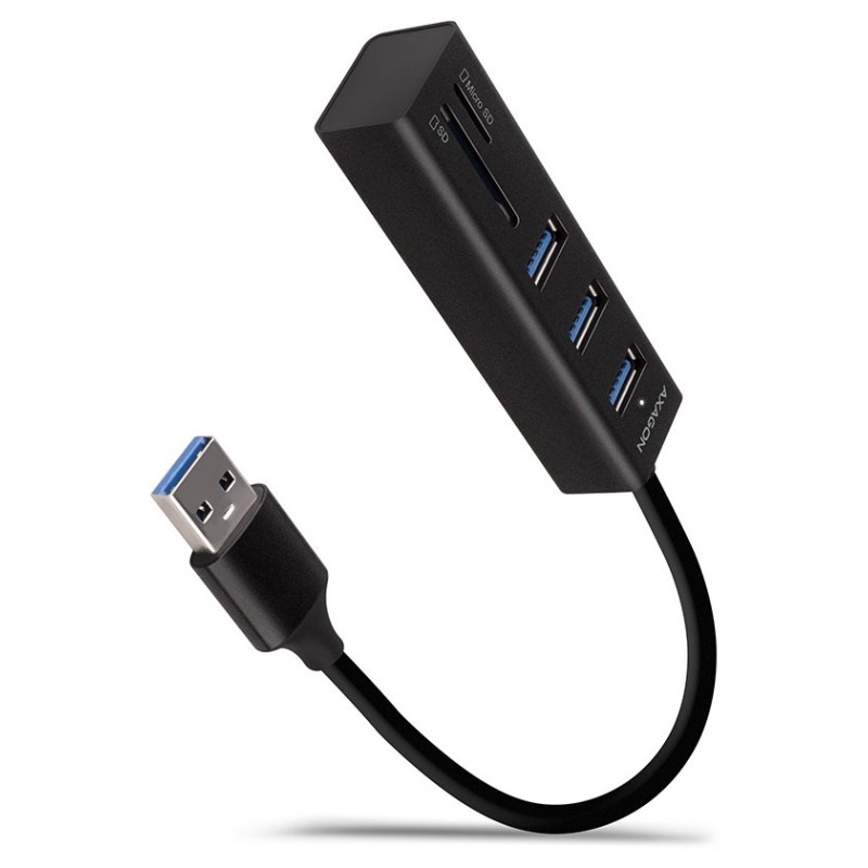 AXAGON HMA-CR3A, USB 3.2 Gen 1 hub, porty 3x USB-A + čtečka karet SD/microSD, kovový, kabel USB-A 20cm
