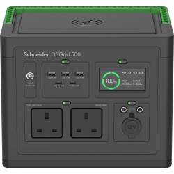 Schneider OffGrid 500 - Prenosná napájecí stanice - LCD, 2 zásuvky BS1363, sinusový prubeh, 3 USB-A, 2 USB-C, bezdrátová
