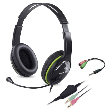 GENIUS sluchátka s mikrofonem HS-400A, černozelená, + redukce na Single Jack