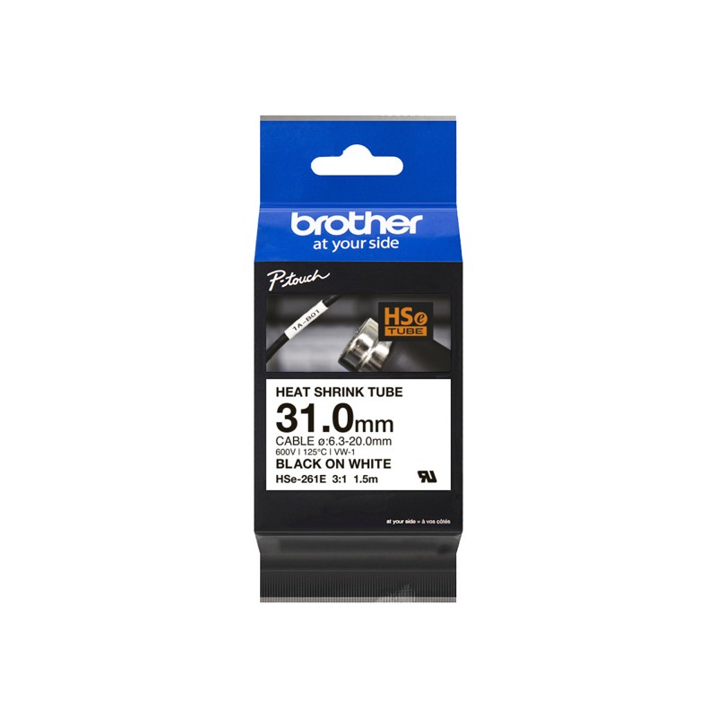 Brother originální páska do tiskárny štítků, Brother, HSE-261E, černý tisk/bílý podklad, 1.5m, 31mm