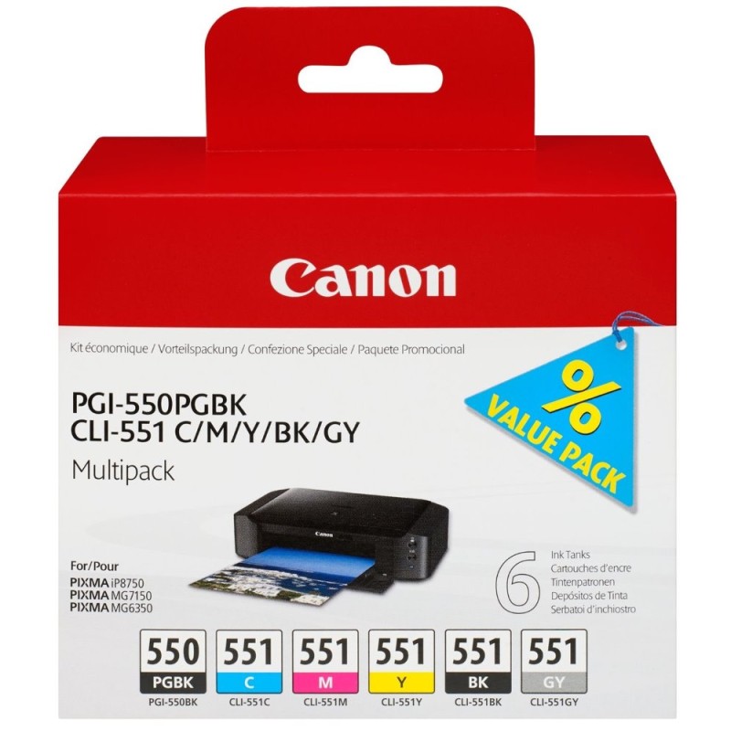 Canon CARTRIDGE PGI-550/CLI-551 PGBK/C/M/Y/BK/GY MULTI-PACK pro iP8750, MG6350, MG7150, MG7550 (319 str.)