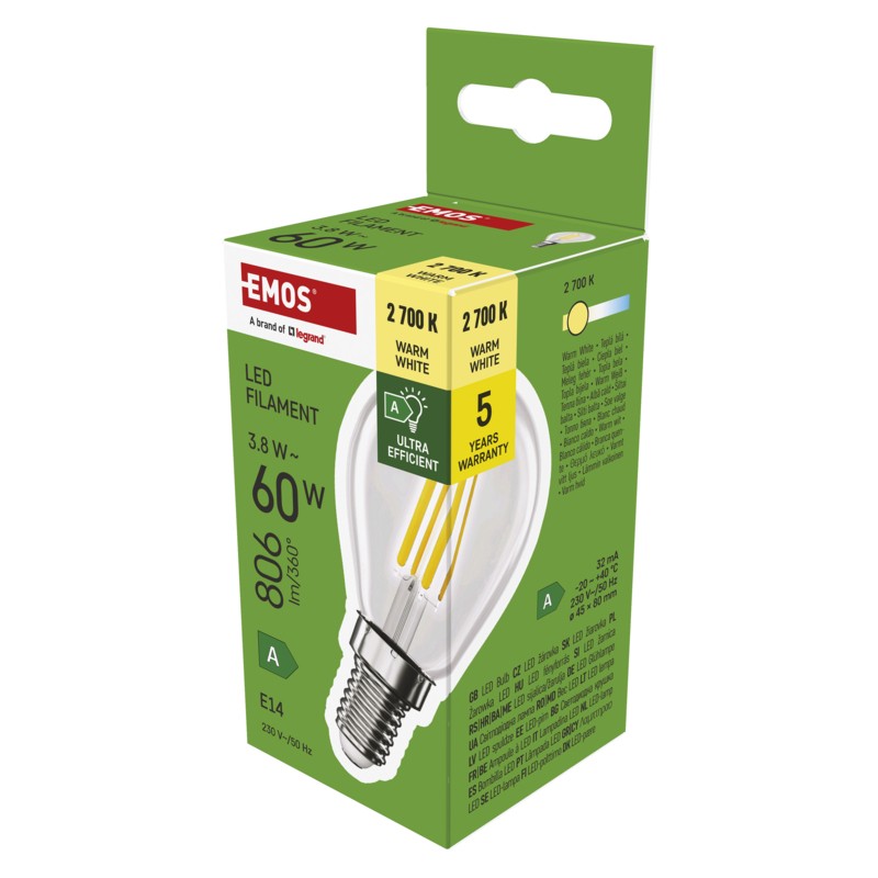 EMOS LED FLM MINI GL 3,8W(60W) 806lm E14 WW A CLAS