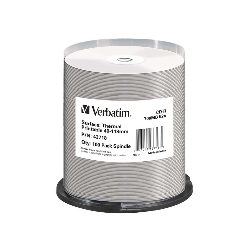 VERBATIM CD-R(100-Pack)Spindle/AZO/52x/700MB/Thermal Printable No ID Brand