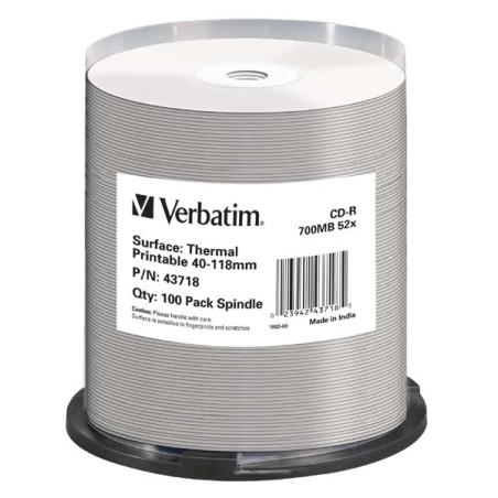 VERBATIM CD-R(100-Pack)Spindle/AZO/52x/700MB/Thermal Printable No ID Brand