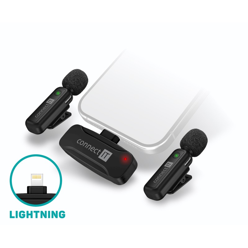 CONNECT IT Mikrofon ClipMic, 2x Bezdrátový Lavalier mikrofón s přijímačem, Lightning konektor, černá