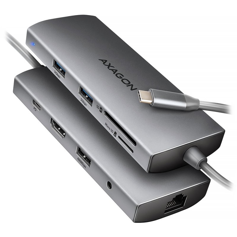AXAGON HMC-8HLSA, USB 5Gbps hub, 3x USB-A, HDMI 4k/60Hz, RJ-45 GLAN, SD/microSD, audio, PD 100W, kabel USB-C 20cm