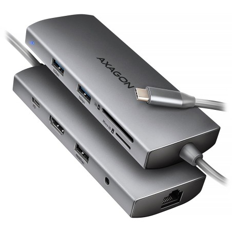 AXAGON HMC-8HLSA, USB 5Gbps hub, 3x USB-A, HDMI 4k/60Hz, RJ-45 GLAN, SD/microSD, audio, PD 100W, kabel USB-C 20cm