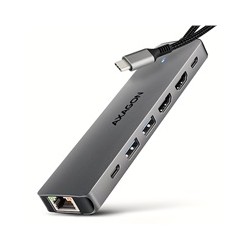 AXAGON HMC-7HX2, USB 5Gbps hub, 2x USB-A, USB-C, 2x HDMI 4k/60Hz, RJ-45 GLAN, PD 100W, kabel USB-C 15cm