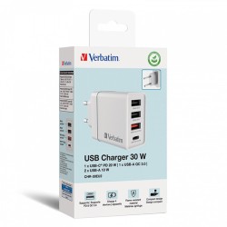 VERBATIM Univerzální adaptér nabíječka CHR-30EU2, 30W, 1x USB-C, 3x USB bílá