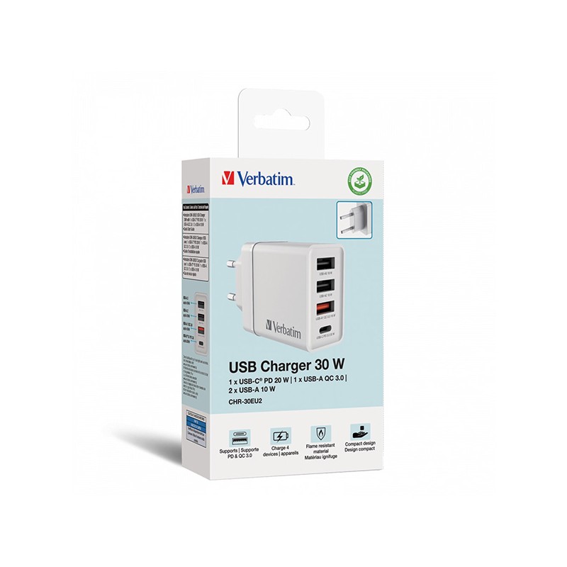 VERBATIM Univerzální adaptér nabíječka CHR-30EU2, 30W, 1x USB-C, 3x USB bílá