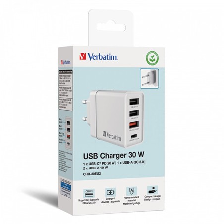 VERBATIM Univerzální adaptér nabíječka CHR-30EU2, 30W, 1x USB-C, 3x USB bílá