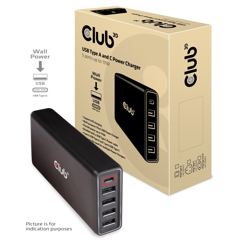 Club3D Nabíječka USB Typ A a C, 5 portů, 111 W