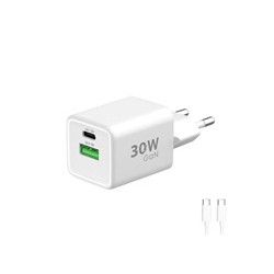 WG - Síťová nabíječka GaN 2x USB 30W, 1x USB-C PD3.0 PPS QC4 30W + USB-A 18W, kabel Type-C na Type-C, bílá