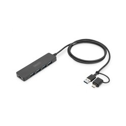 DIGITUS USB 3.0, Hub 4-Port, Slim Line with 120cm cable with USB-C adapterr
