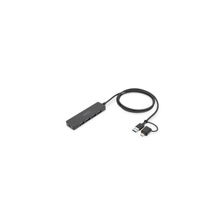 DIGITUS USB 3.0, Hub 4-Port, Slim Line with 120cm cable with USB-C adapterr