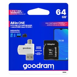 GOODRAM microSDXC karta 64GB M1A4 All-in-one (R:100/W:10 MB/s), UHS-I Class 10, U1 + Adapter + OTG card reader/čtečka