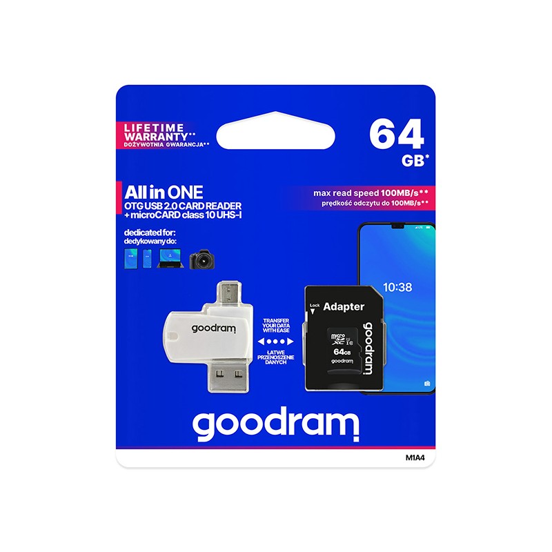 GOODRAM microSDXC karta 64GB M1A4 All-in-one (R:100/W:10 MB/s), UHS-I Class 10, U1 + Adapter + OTG card reader/čtečka
