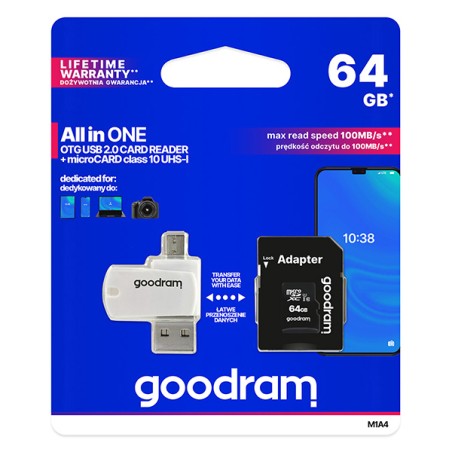 GOODRAM microSDXC karta 64GB M1A4 All-in-one (R:100/W:10 MB/s), UHS-I Class 10, U1 + Adapter + OTG card reader/čtečka