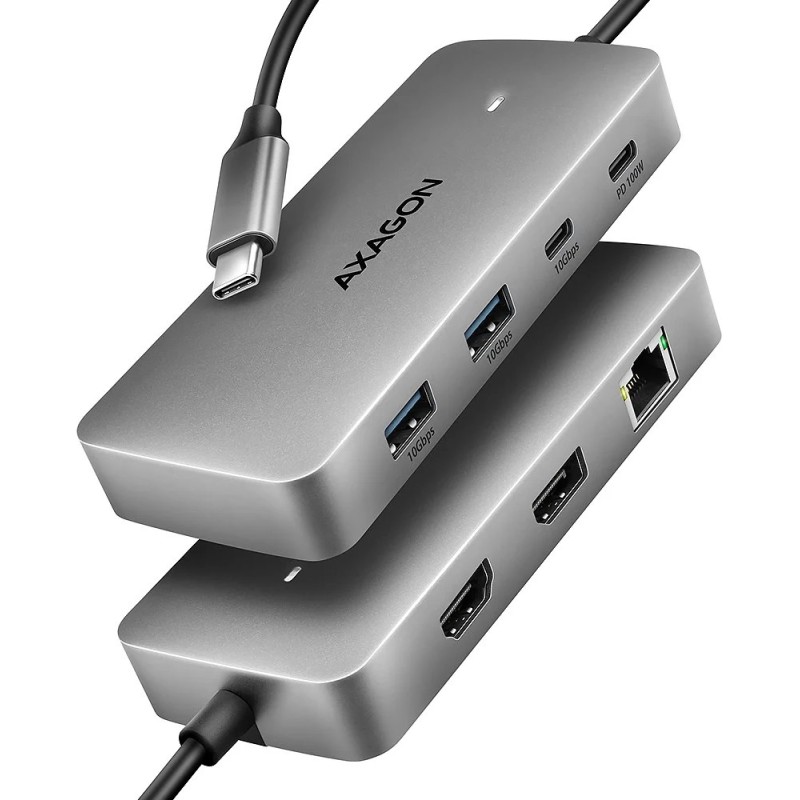 AXAGON HMC-CUB83X2, USB 10Gbps hub, 2x USB-A, USB-C, HDMI & DP 4k/144Hz, RJ-45 GLAN, PD 100W, kabel USB-C 15cm