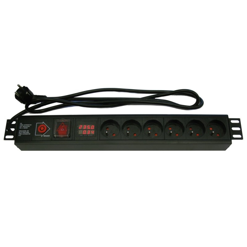 19'' rozvodný panel XtendLan 6x 230V, ČSN, vypínač, nadproudová ochrana, 16A, měření spotřeby, kabel 1,8m, 1,5U